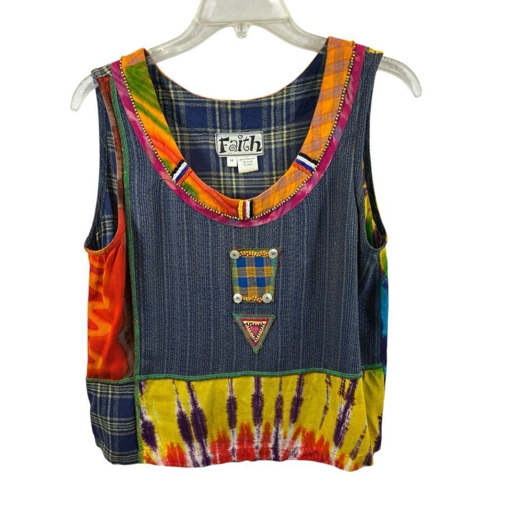 Vintage Faith Brand Artistic‎ Beaded Mixed Media Tank Top Size Medium